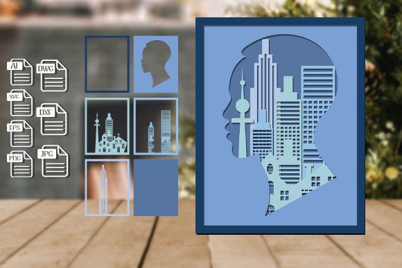 3D Man Head City Shadow Box Laser Cut for Creative Publishing